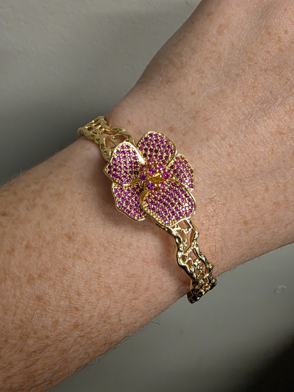 Adina Eden Gold Bracelet with Pink Pave Flower Accent